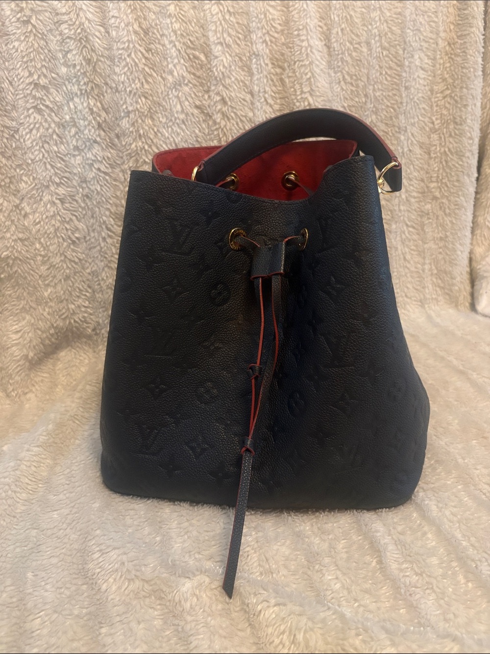 Designer Black Bucket Bag with Red Interior - Luxury Monogram Style